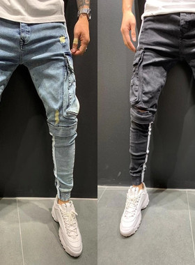 欧美弹力男士牛仔裤潮流膝盖破洞拉链小脚长裤ripped jeans men。