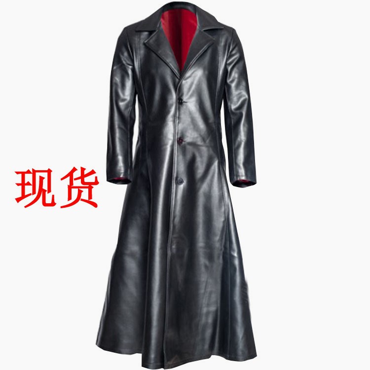 欧美外贸爆款纯色翻领紧身纽扣男式PU长款皮衣Trench coat men。