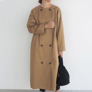 风衣休闲外套女Trench 日韩气质女装 长款 women 纯色圆领长袖 coat