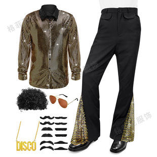 迪斯科男士表演服2026男式长袖衬衫长裤复古套装cos舞台表演服装