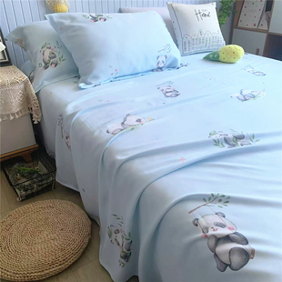 夏季凉感2025新款100%竹纤维床单三件套儿童卡通小熊猫空调凉席子