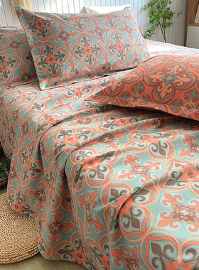 高档加厚老粗布床单枕套三件套不易皱不起球中国民族风榻榻米炕单