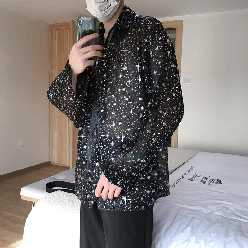 星星印花透气网纱超薄衬衫男情侣很仙的网红寸衣夏天防晒外穿衬衣|msdalam kategori Pakaian Lelaki, shirt - dari Buy2taobao.com untuk memberikan perkhidmatan ejen Taobao profesional membeli
