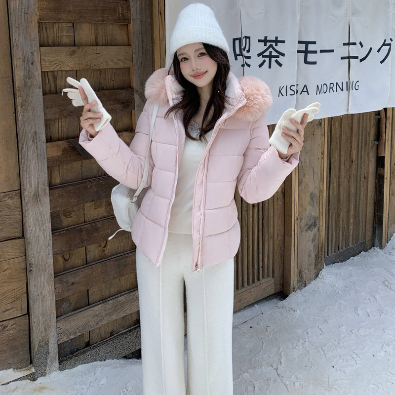 2025新款修身百搭棉衣女韩版开衫外套加厚大毛领款女装羽绒棉服潮
