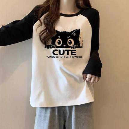韩版学生白拼黑插肩袖纯棉长袖t恤女秋季设计感小众宽松打底上衣