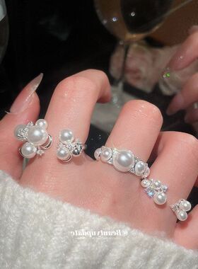 法式复古锆石圆形珍珠开口戒指