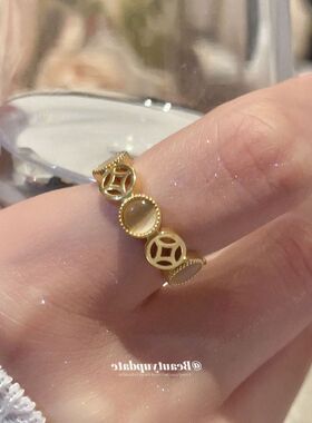 几何女圆形戒小众镂空时尚戒指铜钱欧美开口设计感猫眼石食指指环