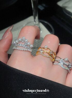 18真金电镀锆石珍珠开口戒指个性