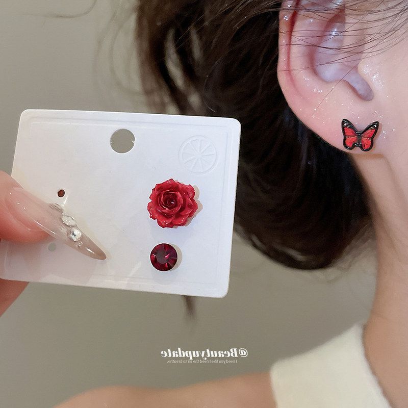 银针镶钻滴油蝴蝶花朵耳钉套装