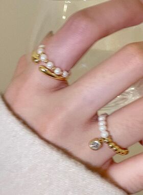 戒指戒手饰开口电镀轻奢小众三件套真金弹力圆珠珍珠锆石食指几何