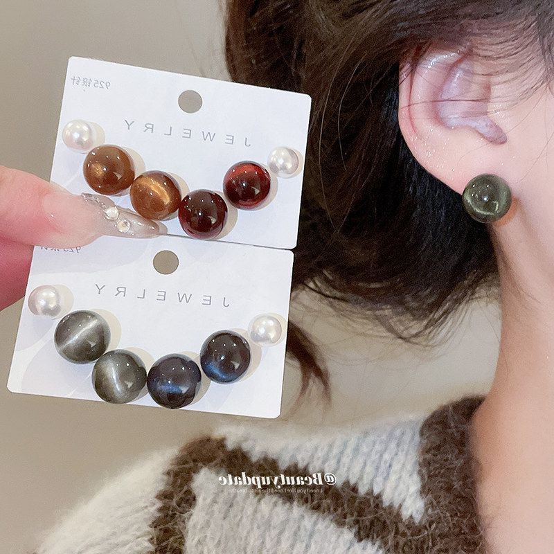 银针圆形树脂珍珠耳钉套装休闲