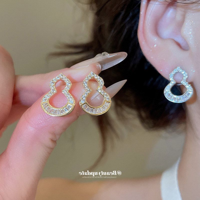 银针锆石镂空葫芦耳钉新中式复古