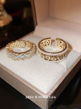 开口锆石手饰设计优雅指环欧美方形戒指金属镂空珍珠气质小众批发