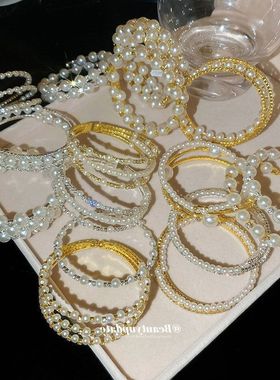 镶钻珍珠串珠双层开口手镯复古