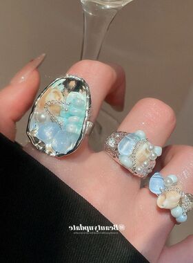 几何串珠贝壳开口高级感戒轻奢方形石头圆形戒指指环气质食指甜美