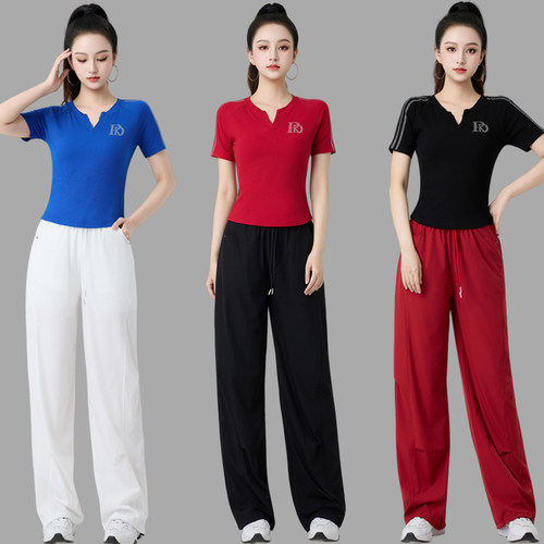 杨丽萍新款广场舞服装套装V领棉烫钻短袖T恤薄款跳舞蹈团体运动衣