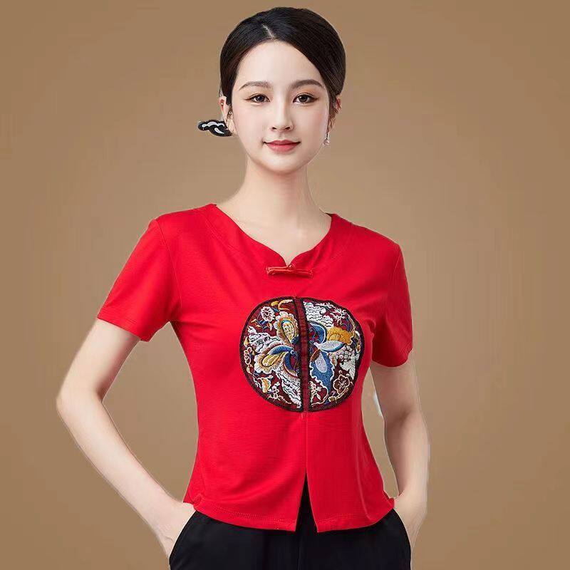 云裳广场舞服装新款上衣棉中国风刺绣薄款短袖圆领运动户外跳舞衣