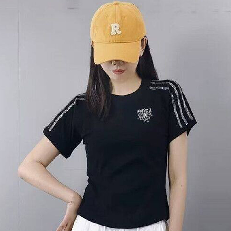 夏季新款广场舞服装棉薄镶钻抖音同款显瘦短袖运动跳舞蹈健身上衣