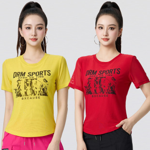 新款广场舞服装弹力网纱短袖夏季跳爵士鬼步舞蹈团体演出运动上衣