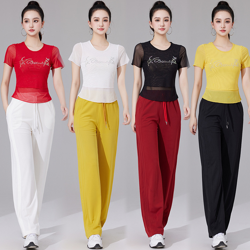 新款广场舞服装弹力网纱套装时尚运动短袖夏季薄款跳鬼步舞蹈衣服