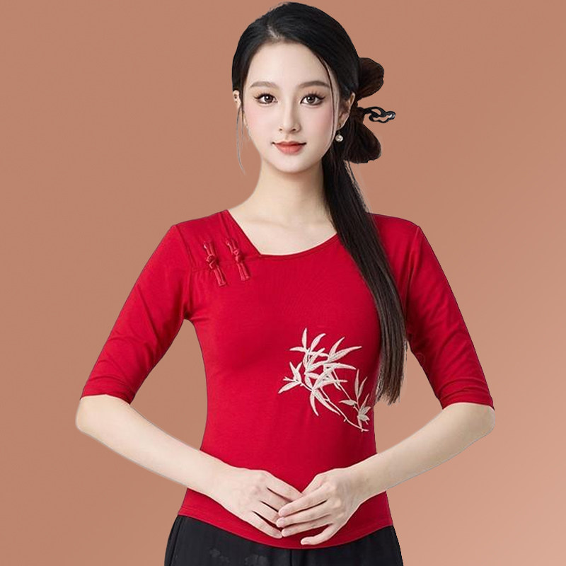 新款广场舞古典舞服装莫代尔刺绣舒适中长袖中国风舞蹈练功服上衣