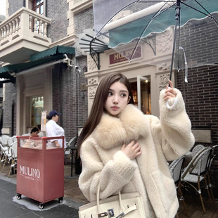 今年流行特惠【北海道恋曲】100羊毛真狐狸毛领皮毛一体大衣皮草