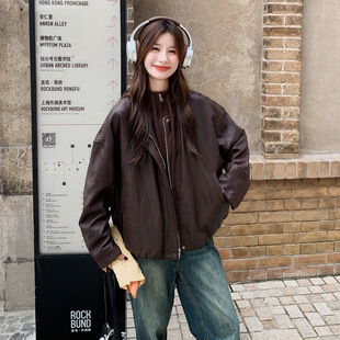 今年流行特惠实拍美拉德咖色针织连帽皮衣外套2025新款 慵懒风