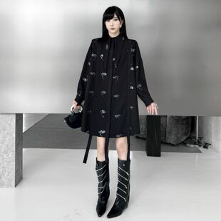 今年流行特惠欧洲站小众设计感亮片蝴蝶衬衫 宽松洋 裙2026春新款