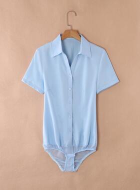 2023新款V领高端蓝色短袖连体衬衫女竹纤维棉弹力收腰带档衬衣