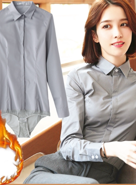 冬季加绒连体衬衫女长袖面试职业工装弹力修身大码连裤衬衫通勤