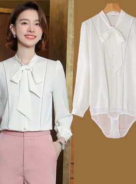 白色连裤衬衫女春秋时尚洋气飘带新款高端雪纺衫职业装连体衬衣