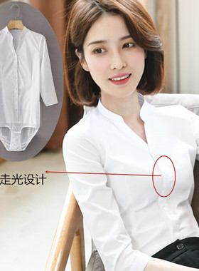 高端白色七分袖袖连体衬衫女职业工作装连裤衬衣v立领夏中袖上衣