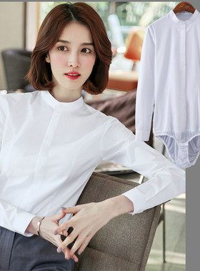轻奢长袖立领连体衬衫女职业工作装面试连裤衬衣弹力抗皱白色不透
