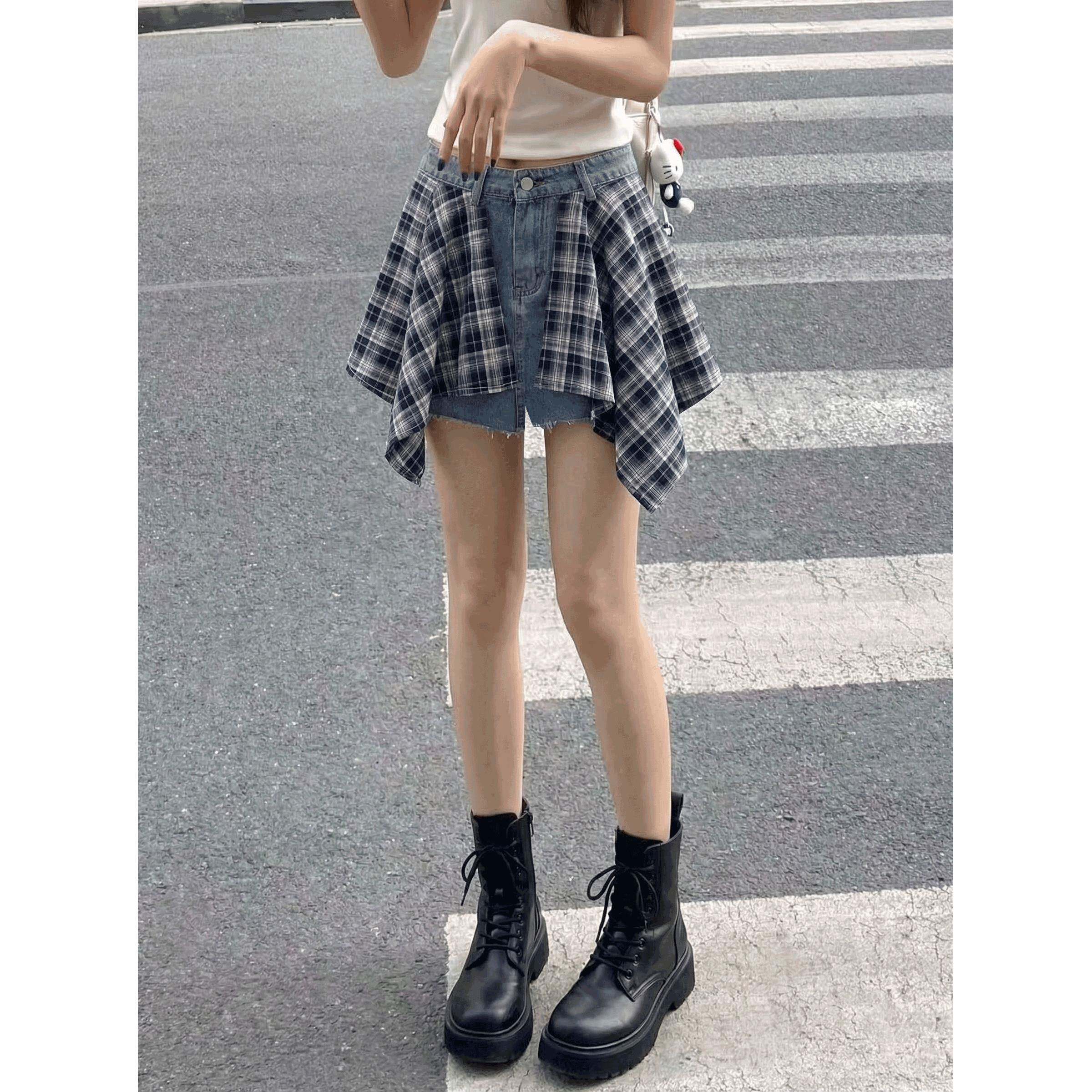 格子拼接屁帘牛仔短裤女2026夏季新款大码胖mm小个子美式直筒裤子