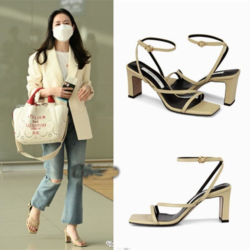 孙艺珍同款2026新款粗跟方头一字带凉鞋女夏真皮交叉带罗马高跟鞋