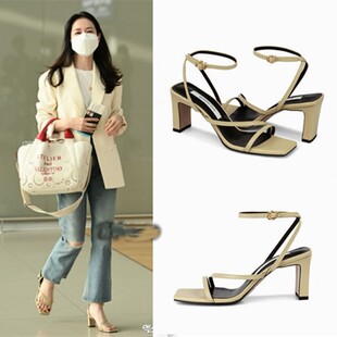 孙艺珍同款 粗跟方头一字带凉鞋 女夏真皮交叉带罗马高跟鞋 2026新款