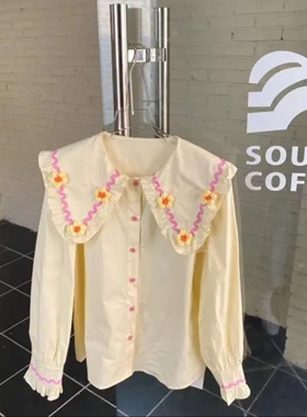 新款法式立体花朵娃娃领别致复古设计感小众长袖日系宽松衬衫