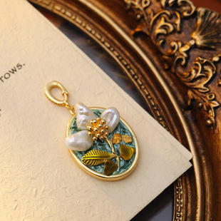 XKDDCT新款 中古vintage油画风吊坠手工项链坠子巴洛克珍珠滴釉国