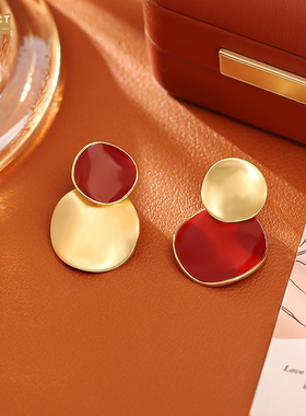 XKDDCT欧美风安可拉红撞色耳钉高级感气质耳饰女冷淡风饰品db1O7