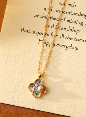 XKDDCT油画风项链女四叶花滴釉珍