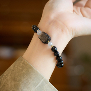 XKDDCT新款天然黑玛瑙黑曜石小猫水晶好运手串银曜石萌猫手链送闺