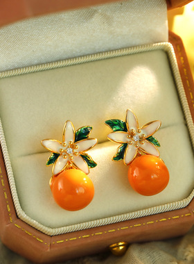 XKDDCT柑橘栀子花耳环女甜美可爱设计珐琅橙色小柿子耳钉气质时尚