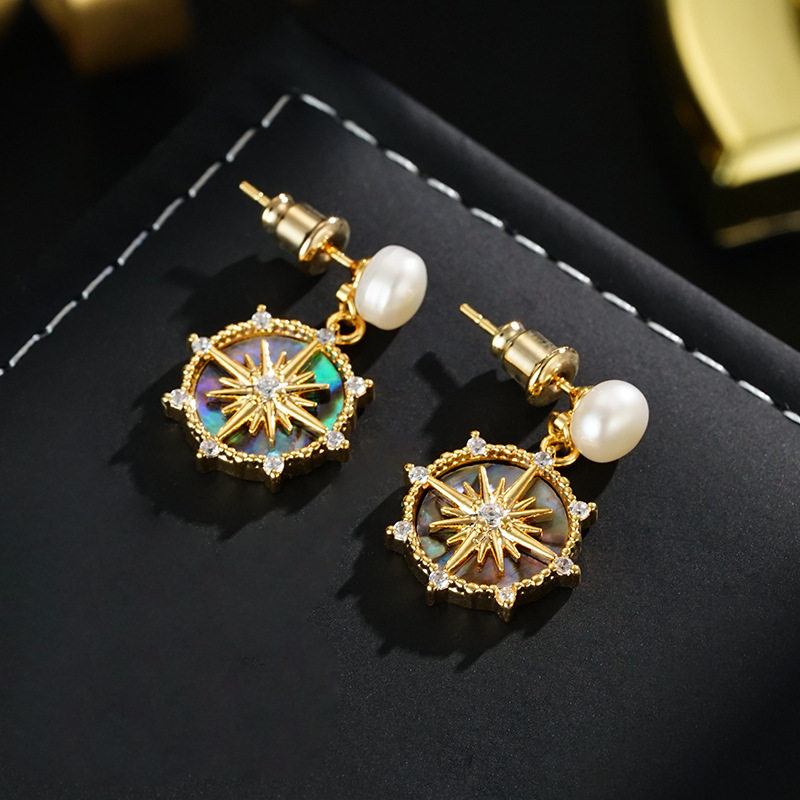 XKDDCT天然淡水珠鲍鱼贝八芒星吊坠耳环轻奢百搭耳坠耳饰pGAqN铜