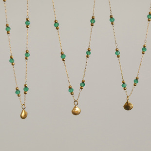 XKDDCT爆款镀金小绿珠贝壳项链不锈钢高保色串珠颈链复古毛衣链女