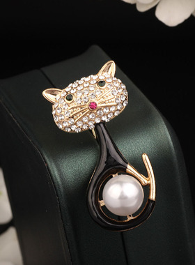 XKDDCT黑色猫咪胸针高档防珍珠防走光别针胸花现货服装西服配饰女