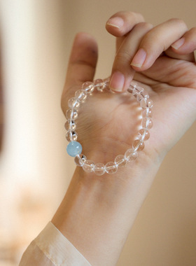 XKDDCT新款8MM白水晶手链女海蓝