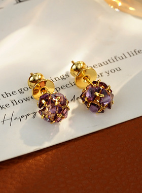XKDDCT新款 简约气质紫色圆形耳钉轻奢小众设计小巧精致耳环耳饰