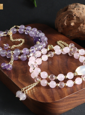 XKDDCT粉水晶水晶紫水晶双圈手串设计流苏时尚百搭文艺手链O6ZO8