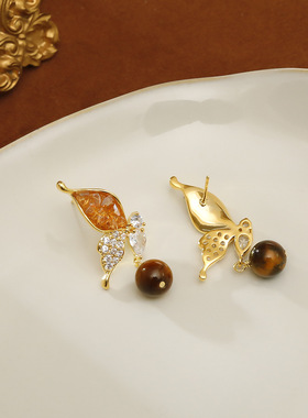XKDDCT蝴蝶水晶橙色吊坠虎眼石耳饰女美拉德复古气质高级感耳坠耳