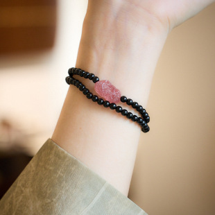 XKDDCT新款 天然黑玛瑙双圈手串草莓晶貔貅桃花闺蜜串珠小众新中